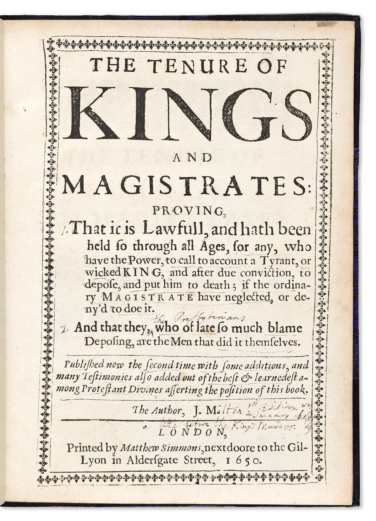Milton, John (1608-1674) The Tenure of Kings and Magistrates.